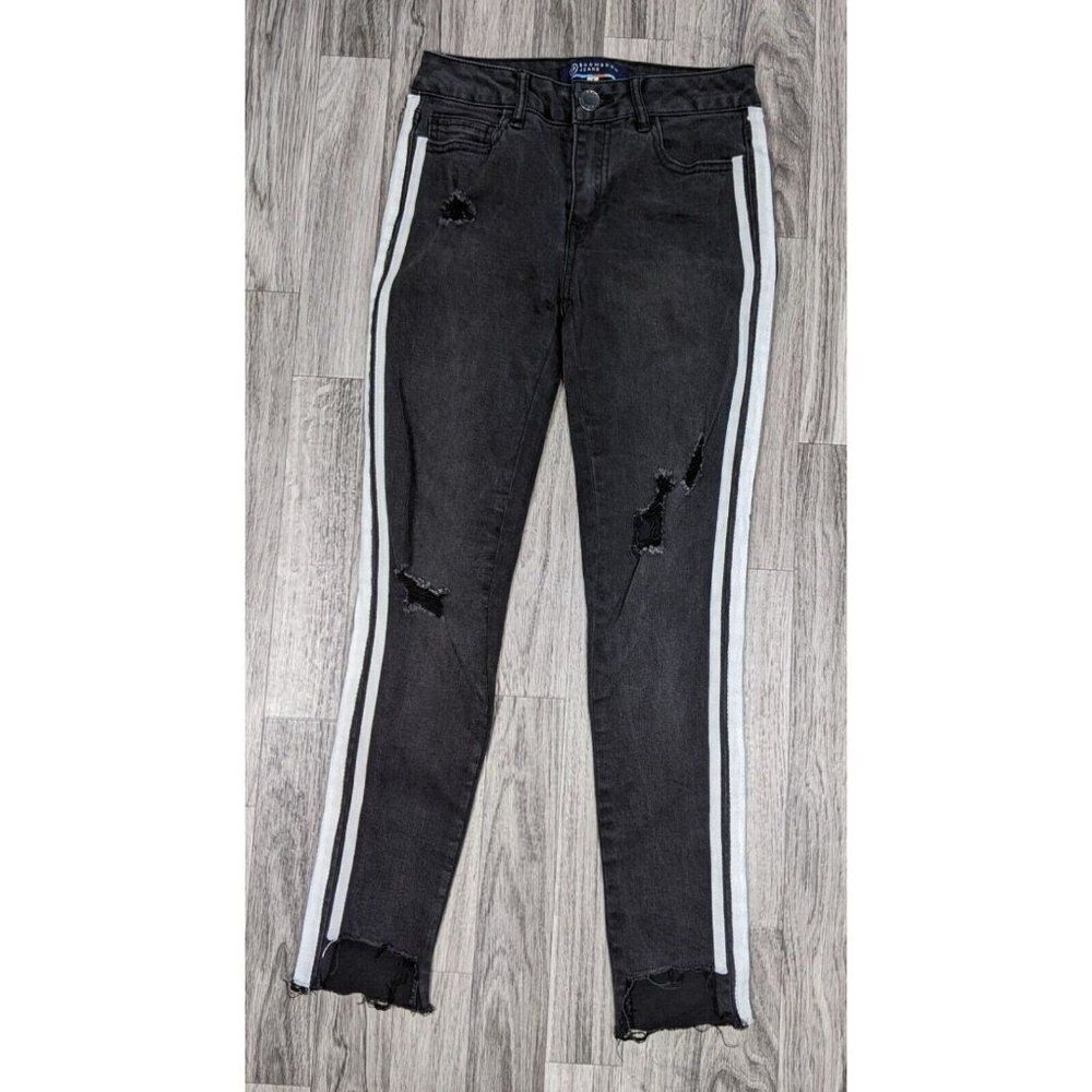 (3/$35) Boom Boom Striped Skinny Fringe Hem Black White Distressed Jeans